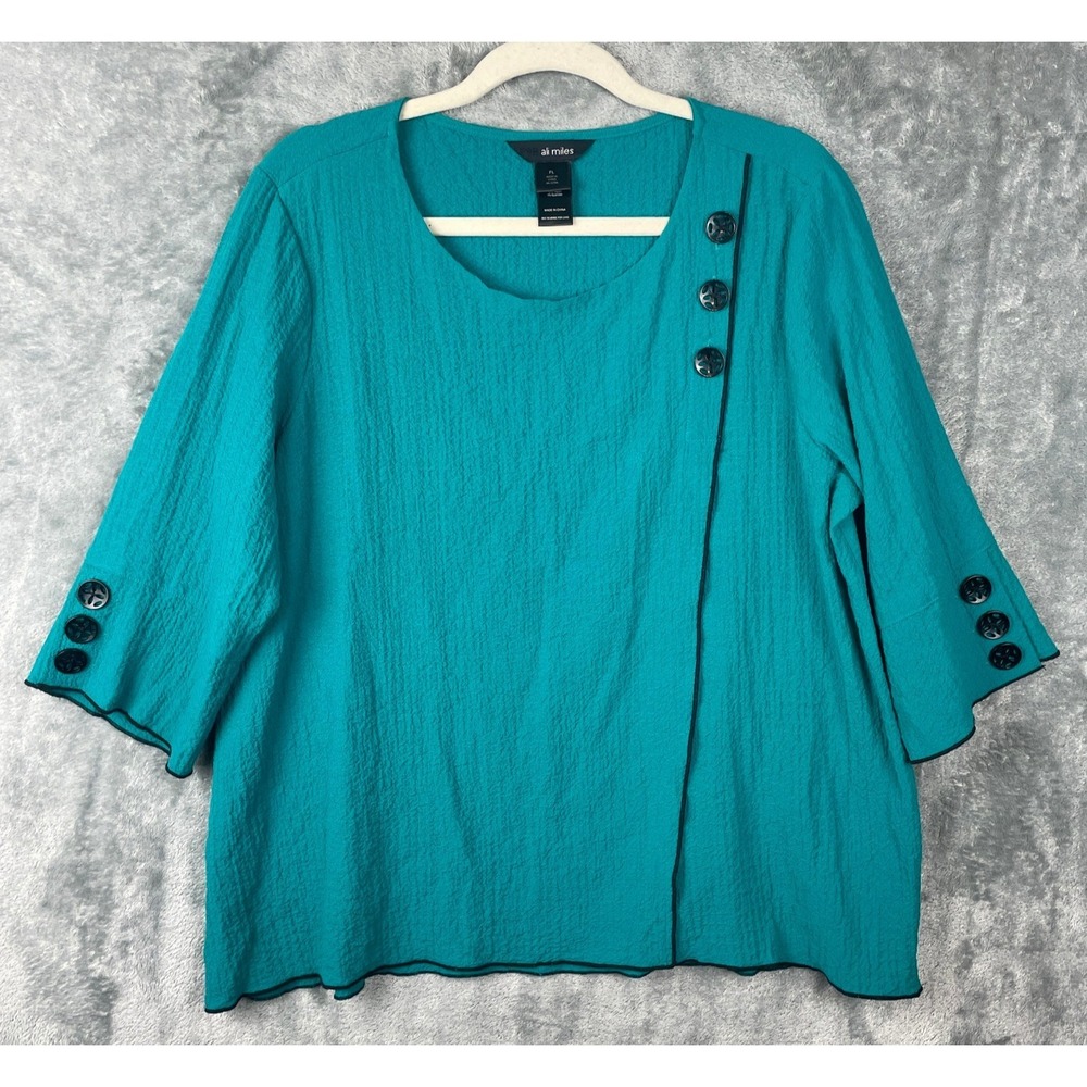 Ali Miles Crinkle Top Petite Large PL Green Pullover Shirt Button Details Artsy